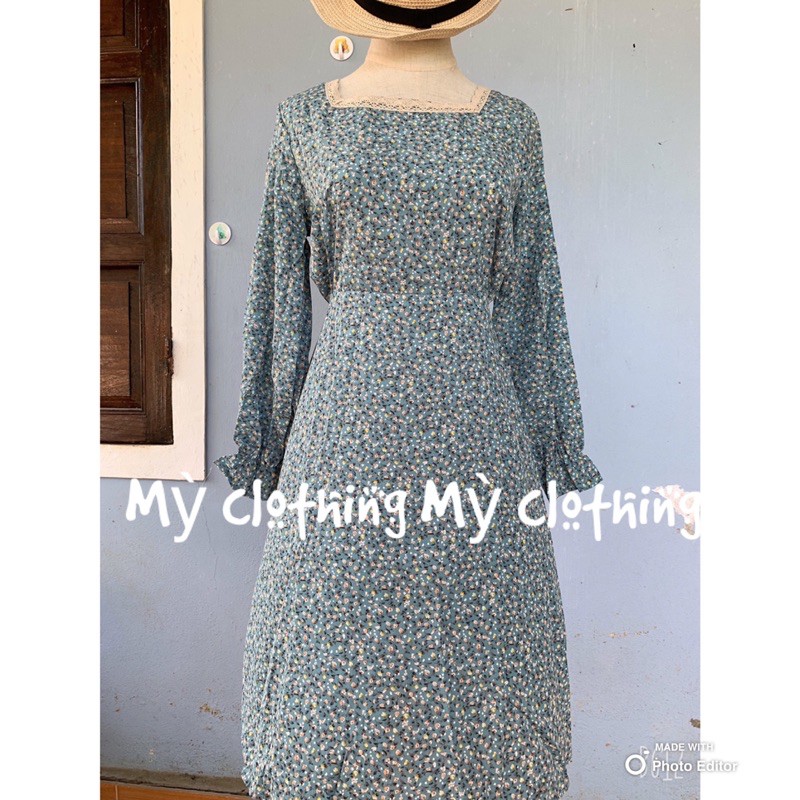 Váy hoa nhí cổ vuông có nút