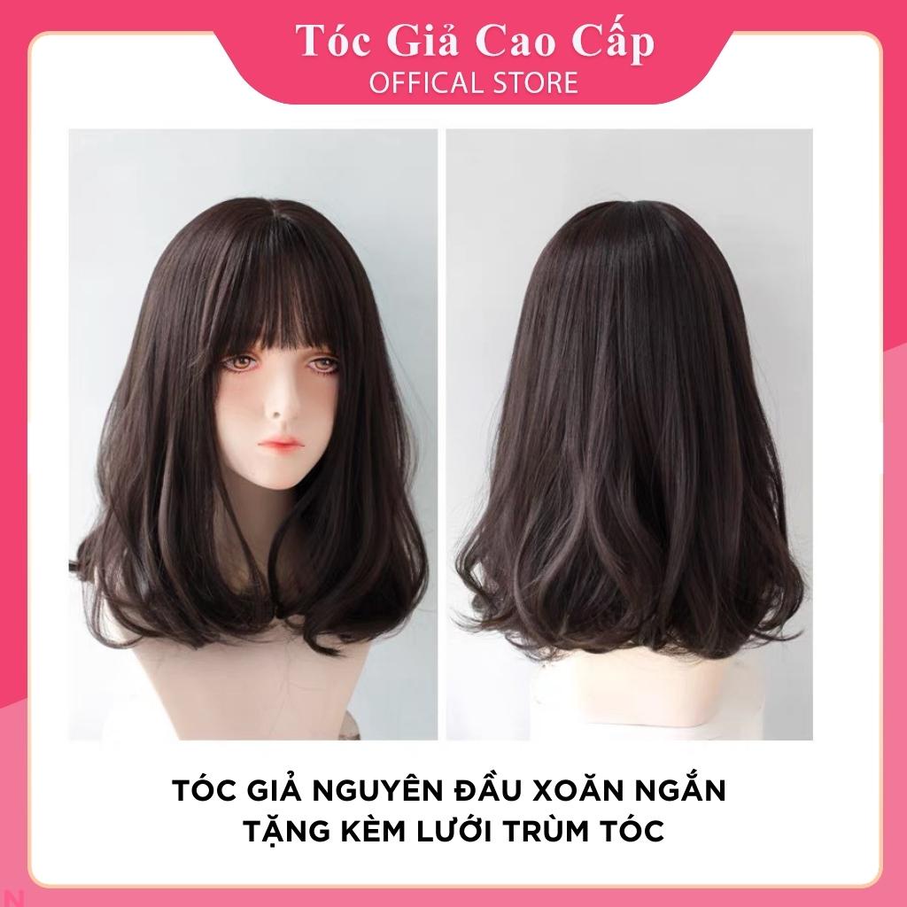 Tóc giả nguyên đầu xoăn ngắn đẹp 38c8, tặng kèm lưới trùm, 1804