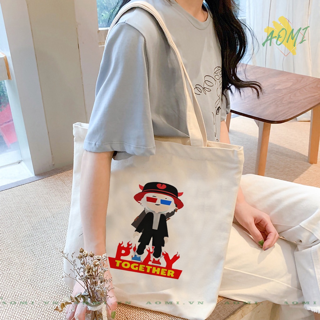 TOTE CANVAS Play Together TÚI VẢI ĐEO VAI BAG CÓ KHÓA KÉO SIZE LỚN 33x38cm AOMIVN DU LỊCH DẠO PHỐ AOMI