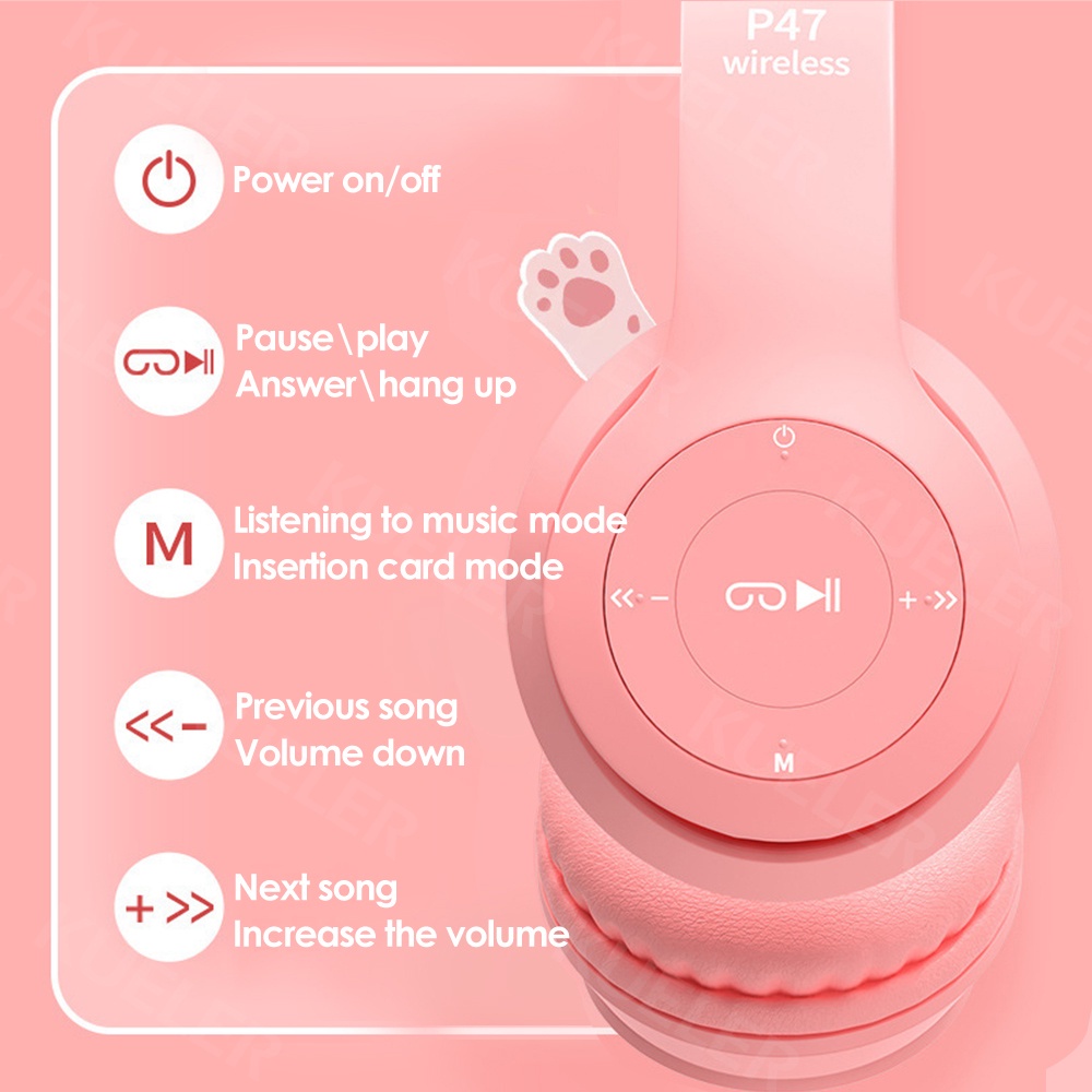 Tai Nghe Mèo Bluetooth P47M, Tai Mèo Dễ Thương Có Mic, Âm Bass Mạnh Mẽ Nghe Nhạc Cực Hay Bảo Hành 1 Năm