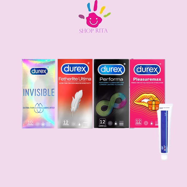 COMBO 4 Hộp Bao Cao Su Durex Invisible - Durex Fettherlite Utima - Durex Performa - Durex Pleasuremax - Tặng 1 Gel Ky