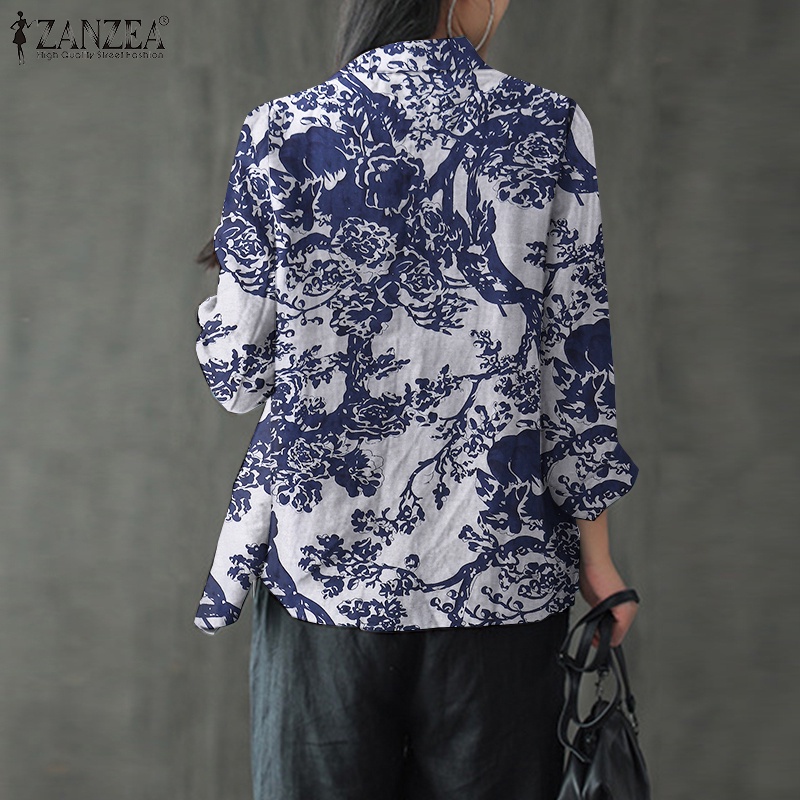 Áo blazer ZANZEA cotton dáng rộng cổ bẻ tay dài in họa tiết hoa phong cách vintage thời trang dành cho nữ