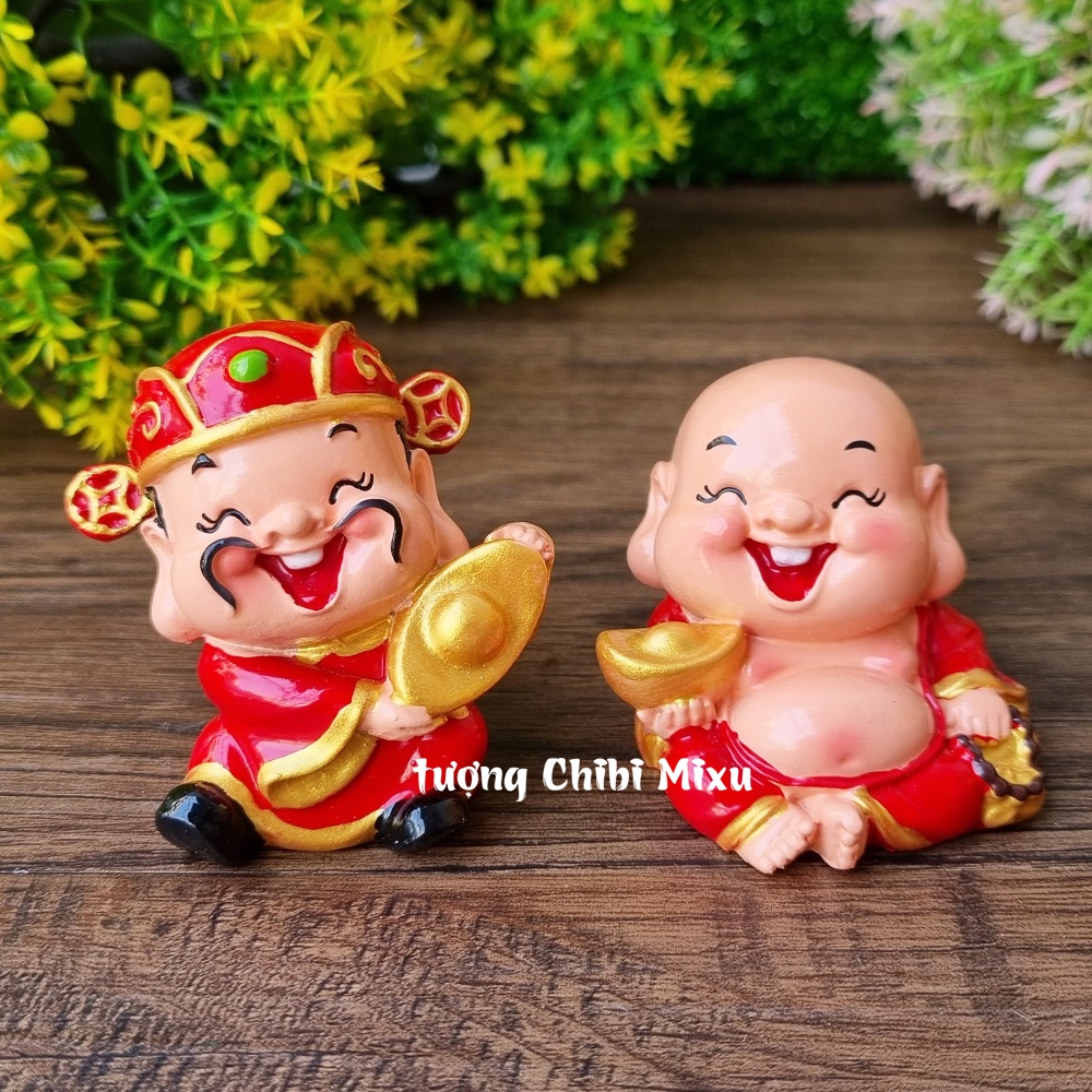 Bộ đôi tượng Thần Tài - Thổ Địa cầm thỏi vàng 4cm