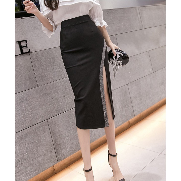 [CAO CẤP_TRỢ SHIP] Chân váy nữ body xẻ tà viền kim tuyến C052 chất lượng, co dãn, dự tiệc, văn phòng