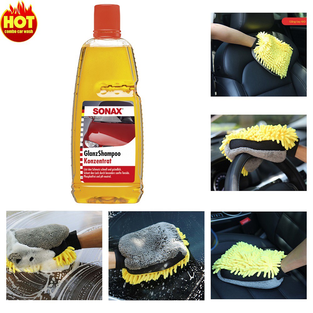 Combo nước rửa xe Sonax Gloss Shampoo và Găng rửa xe 4IO Car Wash Mitt