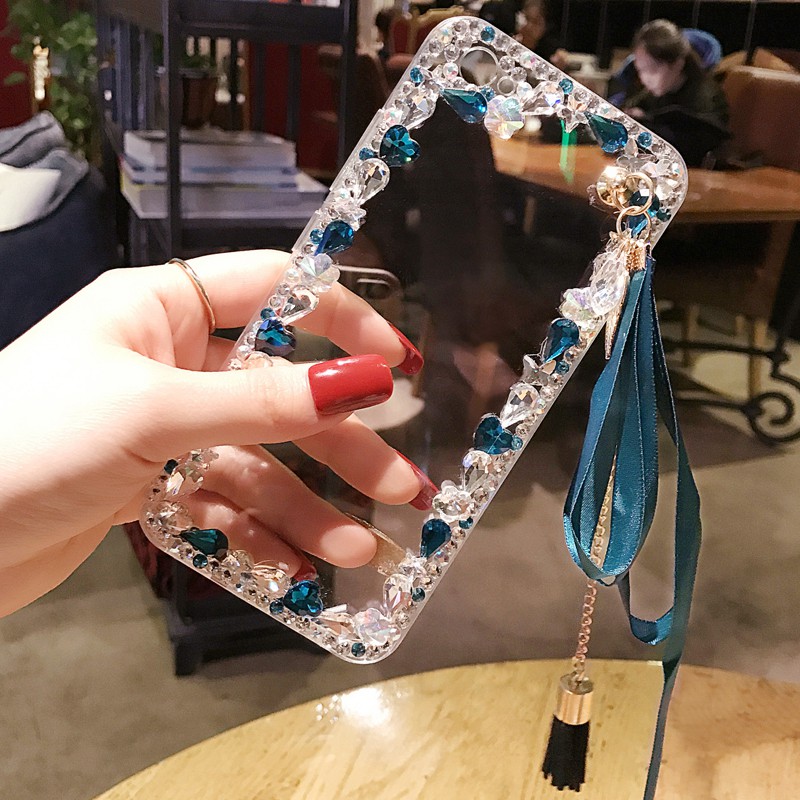Case for iPhone 15 15Pro ProMax 14 13 12 11 Pro Max X XS Max Ốp điện thoại nhựa cứng đính đá tráng gương và có dây đeo cho