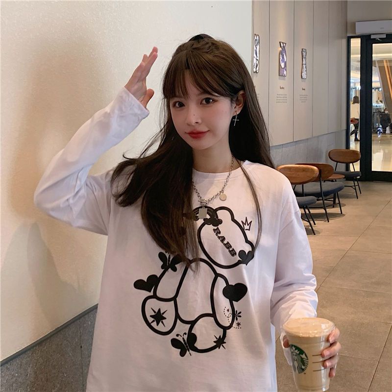 Jiashucheng Áo Thun Tay Dài Cổ Tròn Dáng Rộng In Hình Gấu Dễ Thương Phong Cách Nhật Bản