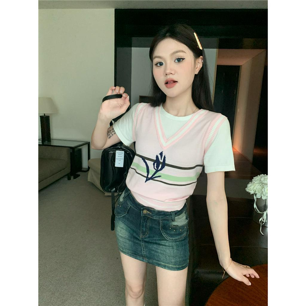 Áo Thun Crop Top Tay Ngắn Cổ Tròn Dáng Ôm In Hoa Thời Trang Mùa Hè Hàng Mới 2023 Dành Cho Bạn Nữ