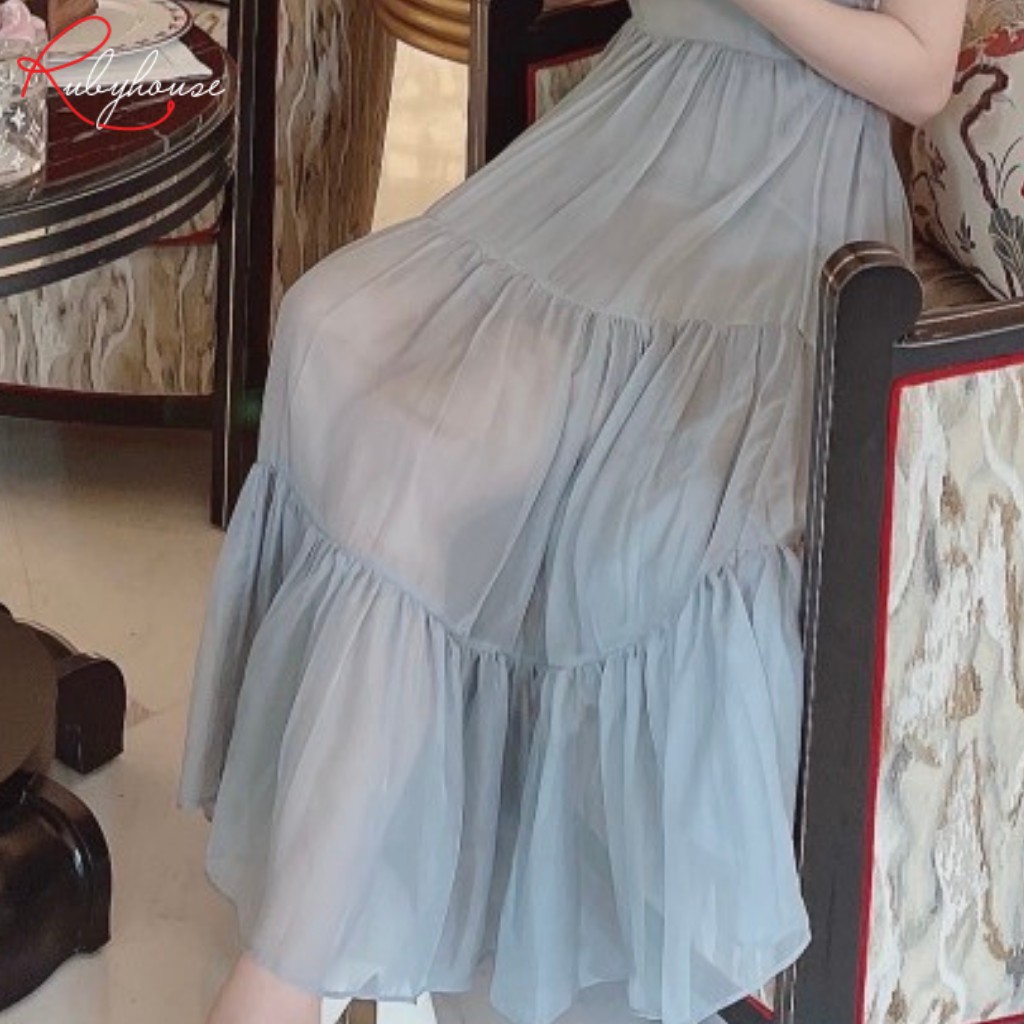 Váy Đầm Midi Tơ Dáng Xòe RUBY HOUSE -  Chất Liệu Tơ Siêu Nhẹ Mát Đuôi Cá , Màu Xanh Ghi cực Tây 2988-2