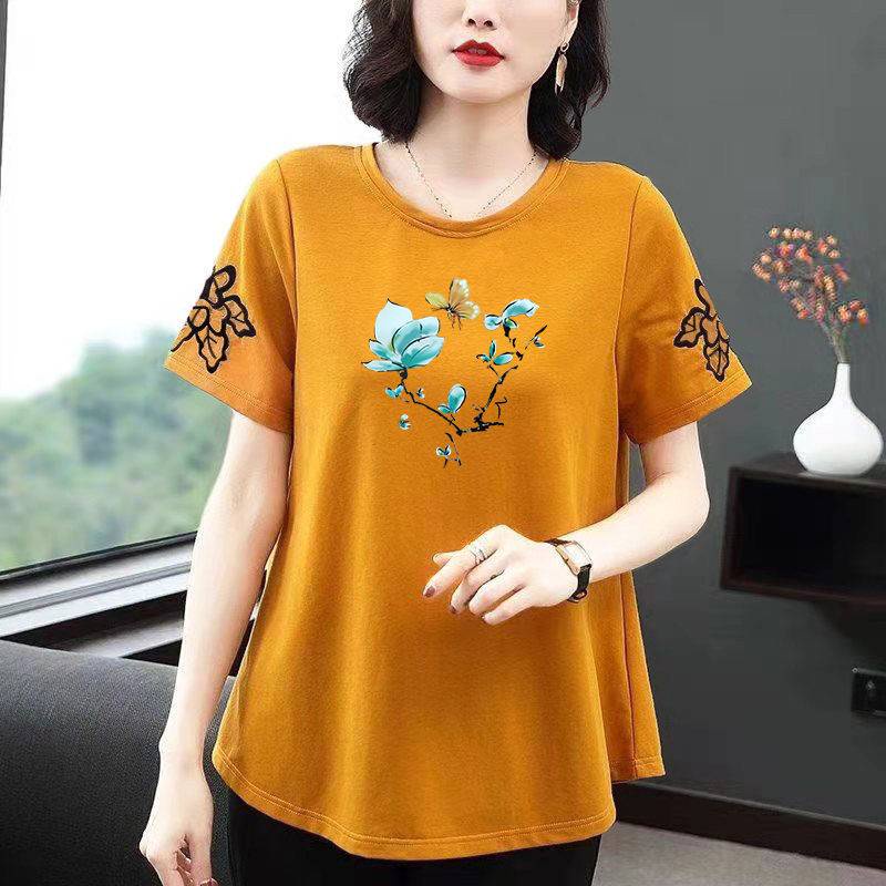 Áo Thun Tay Ngắn Cổ Tròn In Họa Tiết Plus Size Cho Phụ Nữ Trung Niên