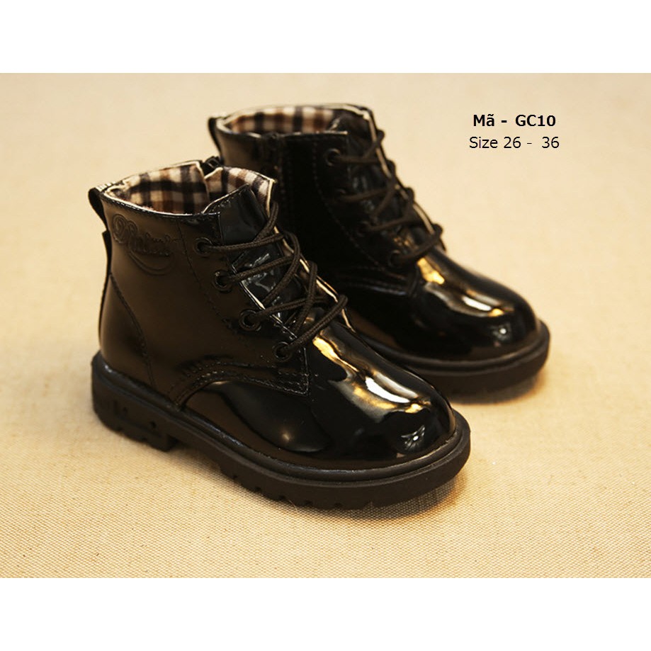 Giày bốt cổ cao bé trai bé gái màu đen da bóng sành điệu cho trẻ em đi tiệc diễn thời trang văn nghệ LIMIBABY GC10