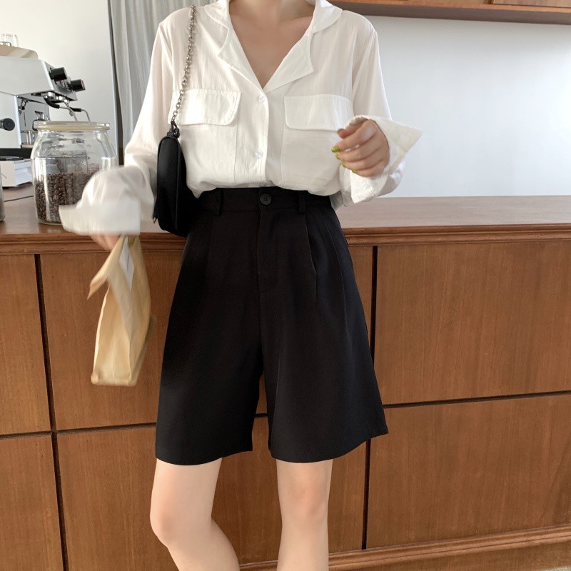 Xiaozhainv Quần sọt ống rộng lưng cao thời trang Hàn Quốc 2 màu sắc tùy chọn cho nữ