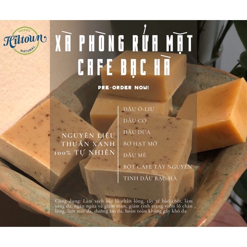 Xà bông thiên nhiên handmade nghệ cam, cafe bạc hà Hiltown 50g