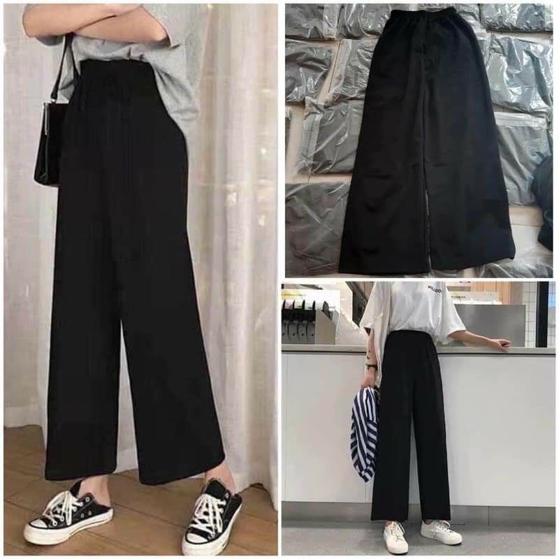 Quần Ống Suông Cạp Chun, Quần Ống Rộng Nữ Màu Đen Ulzzang