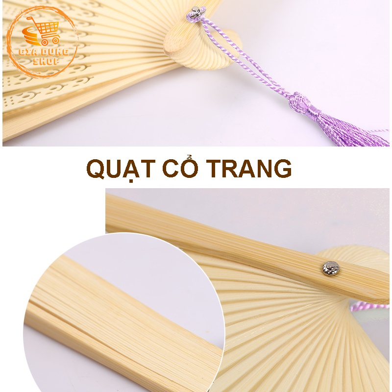 Quạt Cổ Trang Quạt Cầm Tay Bằng Vải Lụa Thân Tre Xếp Xòe Tròn Dùng Làm Trang Trí Quà Tặng