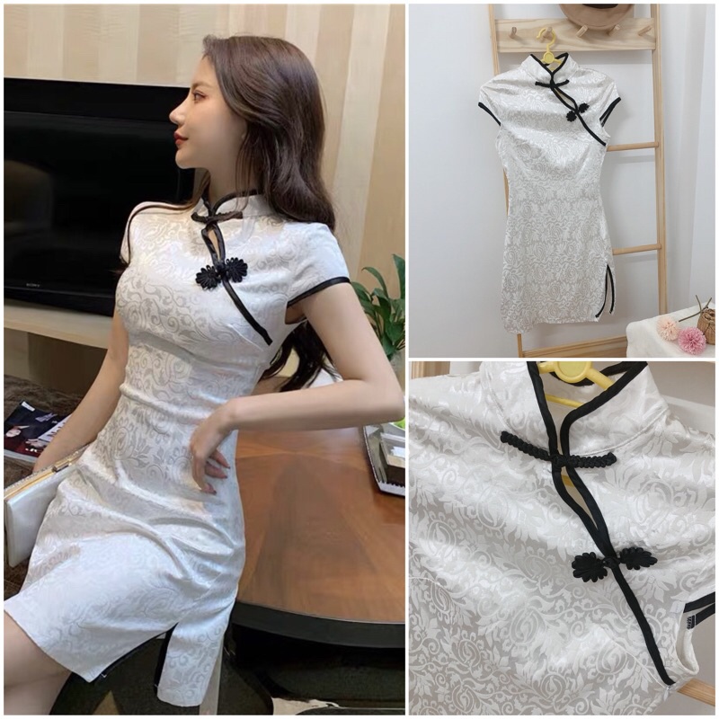 Sườn xám xanh lá boho caro có BIG SIZE