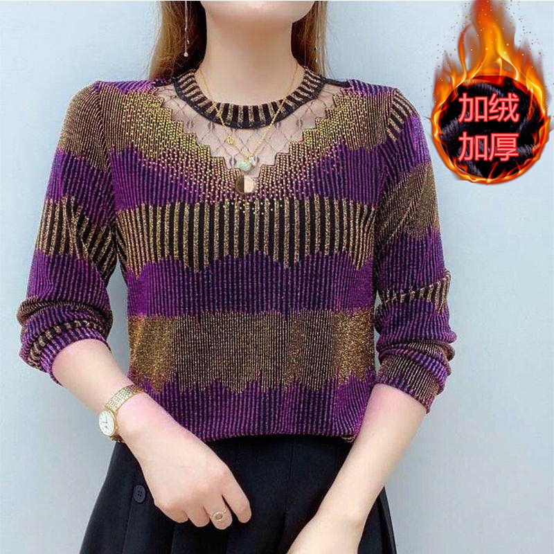 Áo Thun Tay Dài Phối Ren Dáng Rộng Thiết Kế Tinh Tế Thời Trang Mùa Thu Cho Phụ Nữ Trung Niên