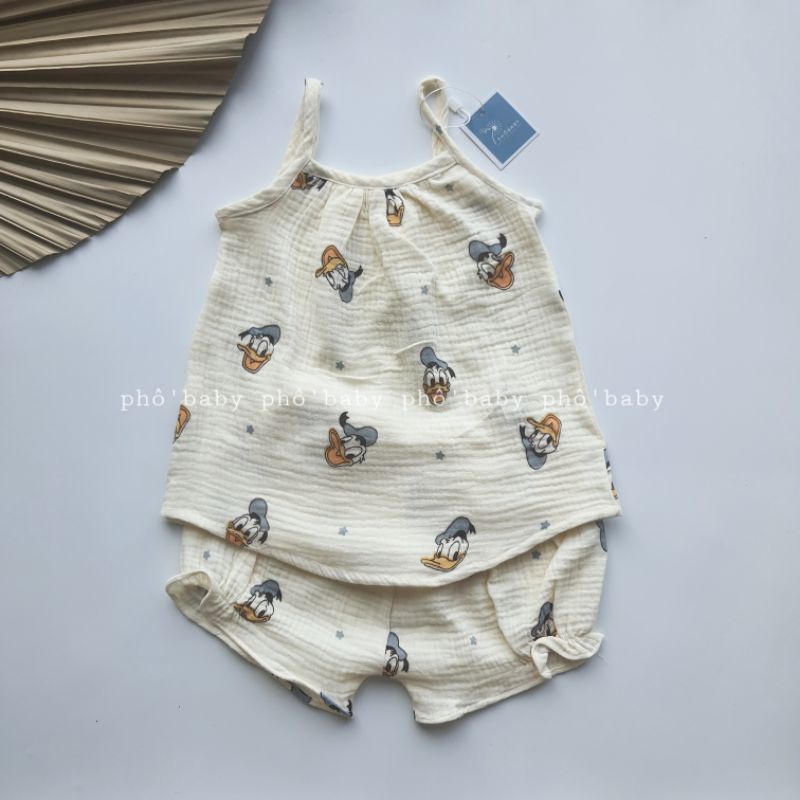 Bộ dây vải xô muslin cao cấp mềm mịn cjo bé gái