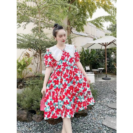 Váy đầm bầu (40-65kg) hoa nhí cổ sen tay búp Linhnastore