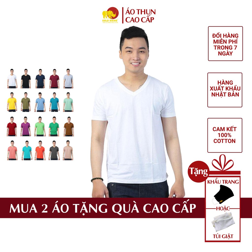 Áo thun nam cổ tim Gold Rhino 100% cotton, áo phông nam trơn xuất khẩu Nhật Bản QT1