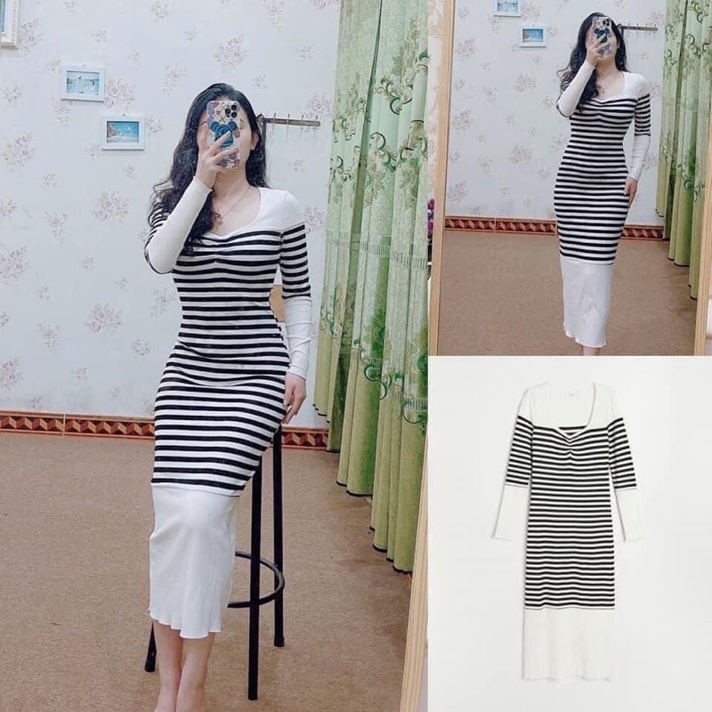 Reserved Đức - Đầm chính hãng auth new tag cao cấp có sẵn sale váy thun gân sọc 1870I-MLC tay dài trắng đen dáng midi