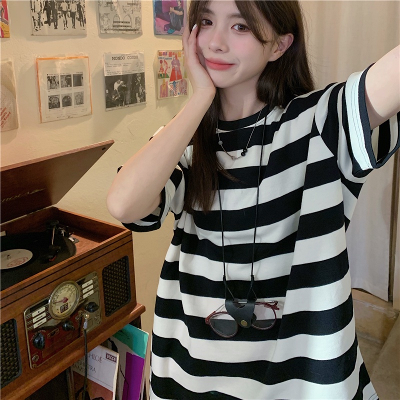 Áo thun SUXI cổ tròn dáng rộng họa tiết kẻ sọc thời trang mùa hè phong cách vintage cho nữ