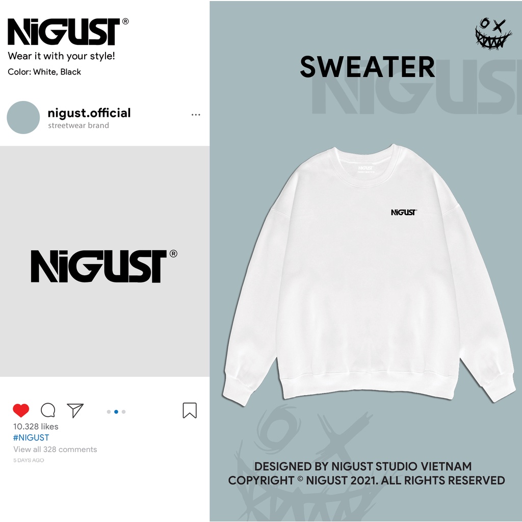 Áo sweater nam nữ local brand Basic NIGUST N001 chất liệu nỉ da cá form rộng màu đen trắng Fullbox