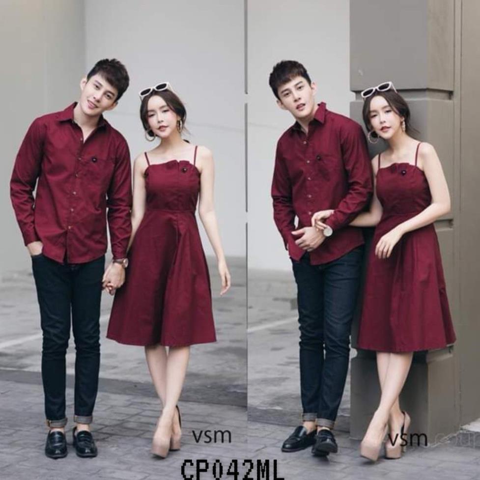 Áo đôi chụp cưới, Set đồ đôi váy 2 dây và sơ mi nam nữ màu đỏ đô HQCOUPLE AV165 .