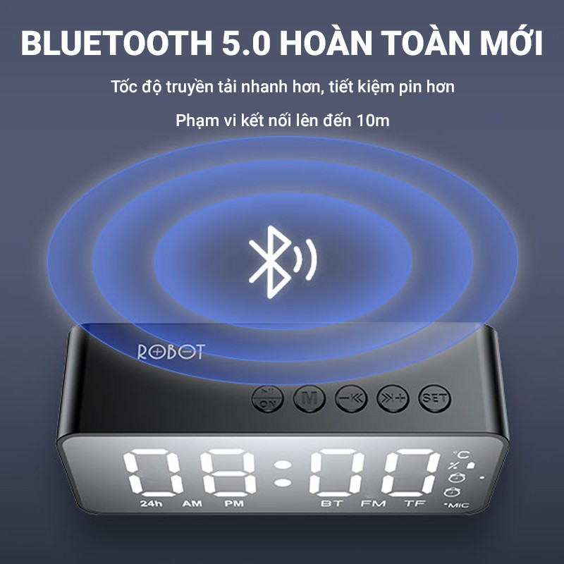 Loa bluetooth mini Robot RB150 kèm đồng hồ báo thức, màn hình LED bluetooth 5.0, đo nhiệt độ phòng, gọi thoại HD