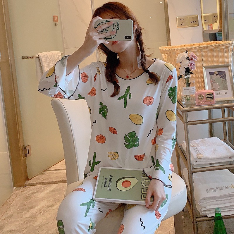Bộ pijama dài tay , in họa tiết hoạt hình dễ thương cho nữ