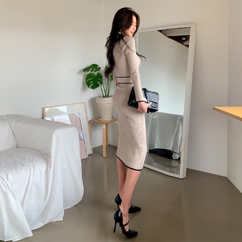 Đầm Midi Dệt Kim Một Mảnh Tay Dài Dáng Ôm Phong Cách Vintage Thanh Lịch Thời Trang Mùa Thu 2021