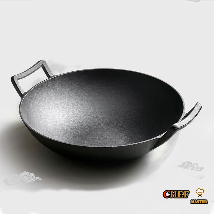 Chảo Gang Bầu Wok Sâu Lòng Chuyên Dụng Để Xào, Rang, Chiên Rán Size 32cm 2 Quai Kiểu Nhật Dùng Được Bếp Từ Bếp Ga