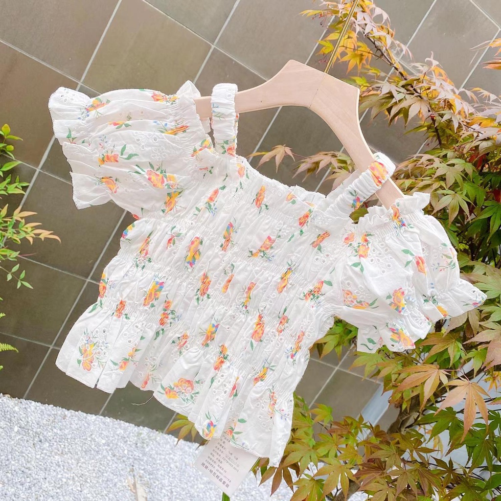 Áo Nữ Tay Ngắn Hở Vai In Hoa Phong Cách Hàn Quốc Thời Trang Mùa Hè Cho Bé Gái 5-9 Tuổi