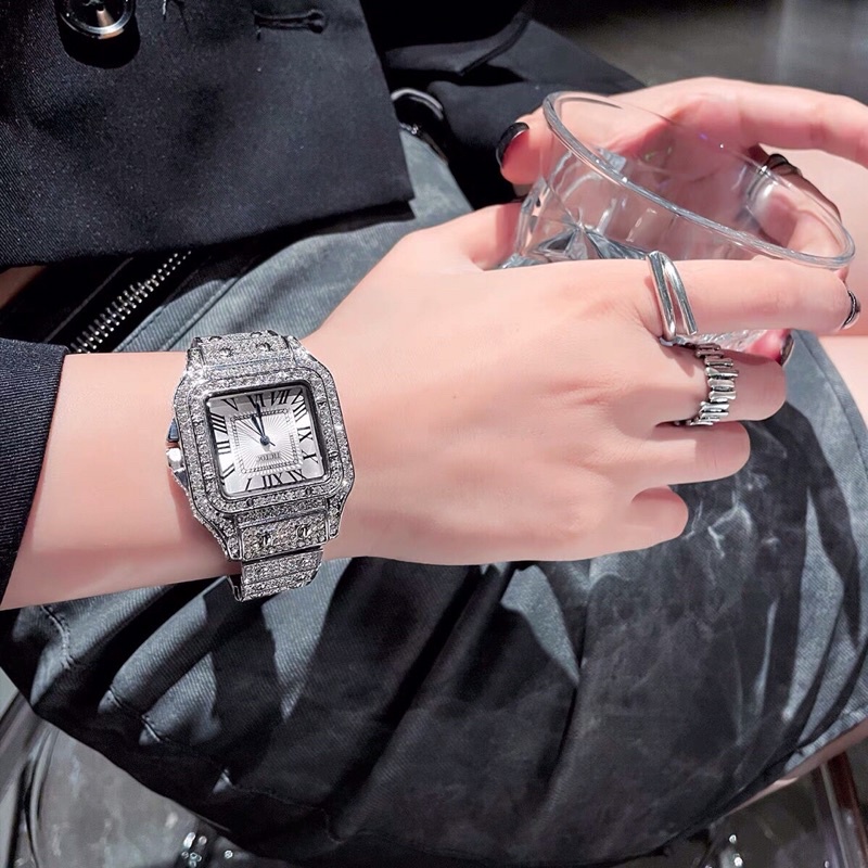 Đồng Hồ Đính Đá Nam Mặt Vuông Số La Mã - Tặng Kèm Hộp Pin CW