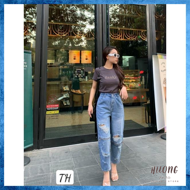 Quần jeans nữ, quần bò baggy mài rách lưng cao túi chéo khóa gối cạp mix chun B1170