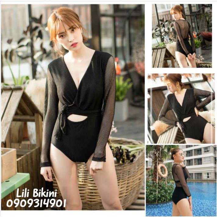 Mẫu mới 2021 Monokini lưới đen sexy quyến rũ, bikini một mảnh tay dài lưới cột eo hàng cao cấp siêu đẹp