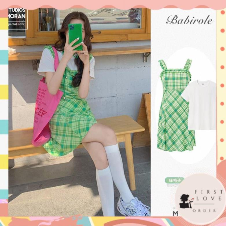 (firstlove ORDER) Váy hai dây MORAN màu xanh lá kẻ sọc ô xòe ngắn A-line style đáng yêu Hàn Quốc 01