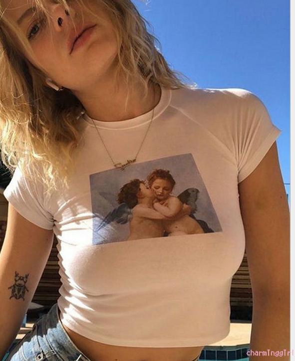 Áo Thun Crop Top Cổ Tròn Tay Ngắn In Hình Thiên Thần Cho Nữ