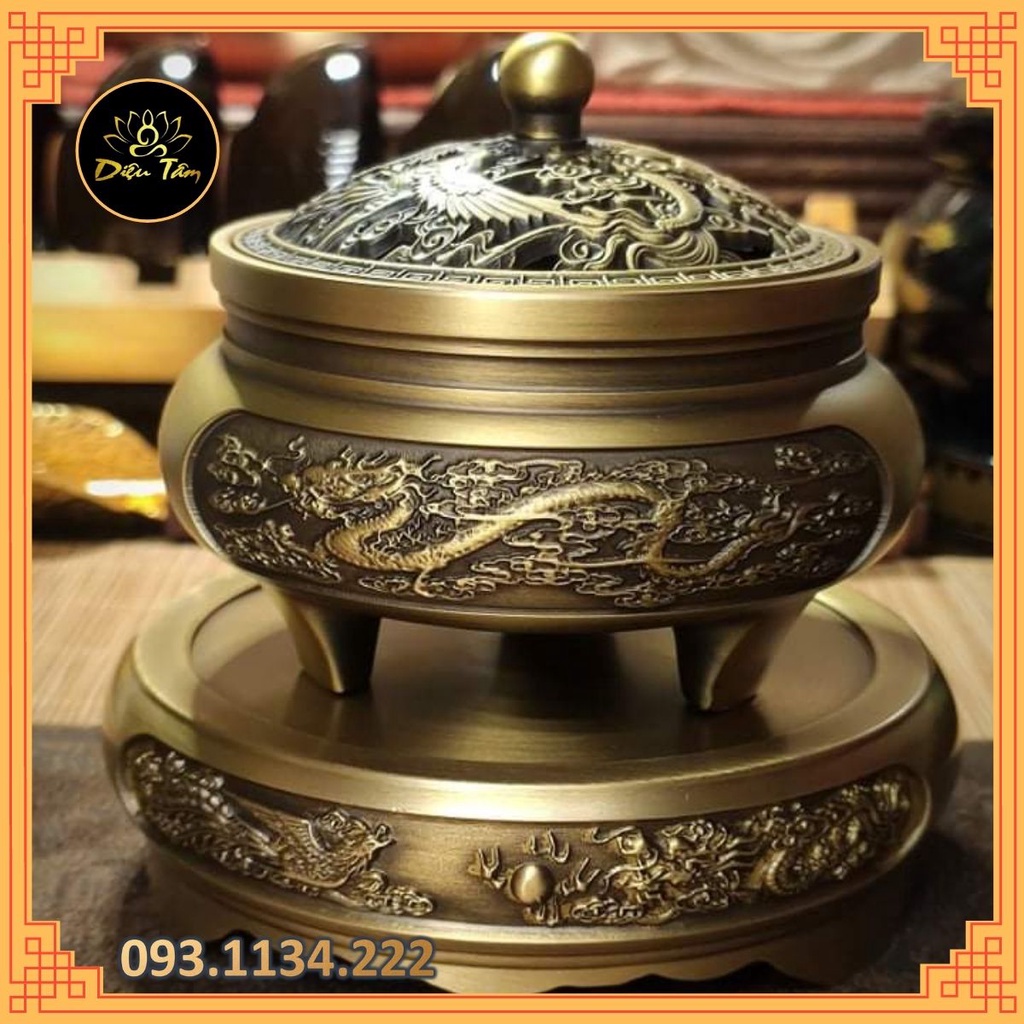 Lư xông trầm bằng đồng nguyên chất khắc hình rồng phượng ưu đãi combo nhang vòng/ trầm nụ