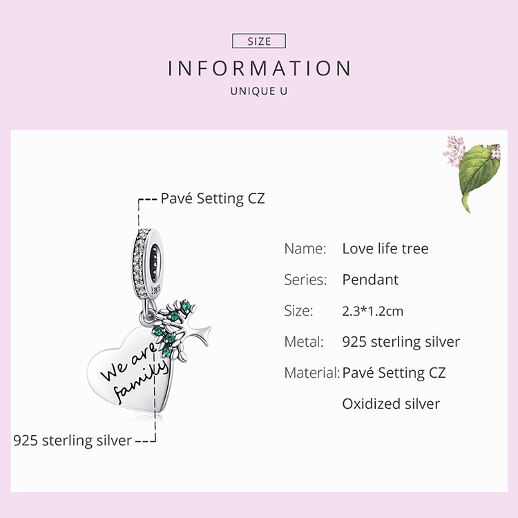 Hạt charm BAMOER SCC2104 kiểu cây sự sống và trái tim bằng bạc 925