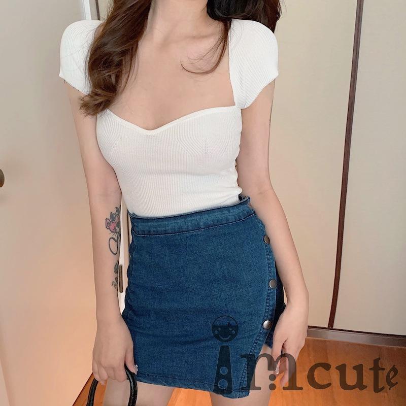 Áo Thun Dệt Kim Tay Ngắn Màu Sắc Đơn Giản Thời Trang Mùa Hè Quyến Rũ Cho Nữ