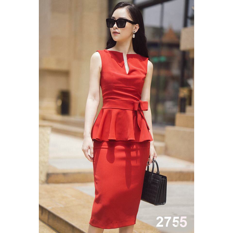 Đầm Ôm Body Đỏ Phối Peplum Thanh Lịch