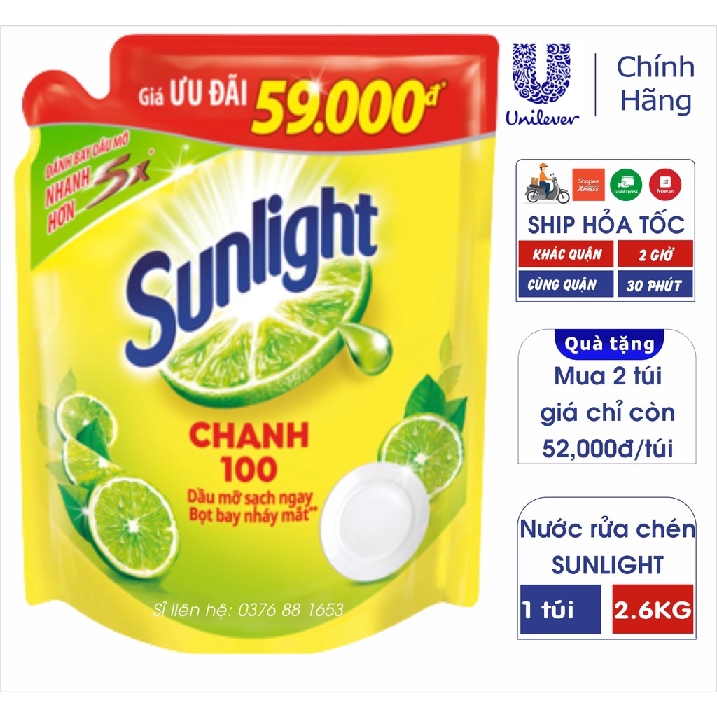 Nước rửa chén sunlight chanh sạch nhanh xả bọt nhanh túi 2.6kg