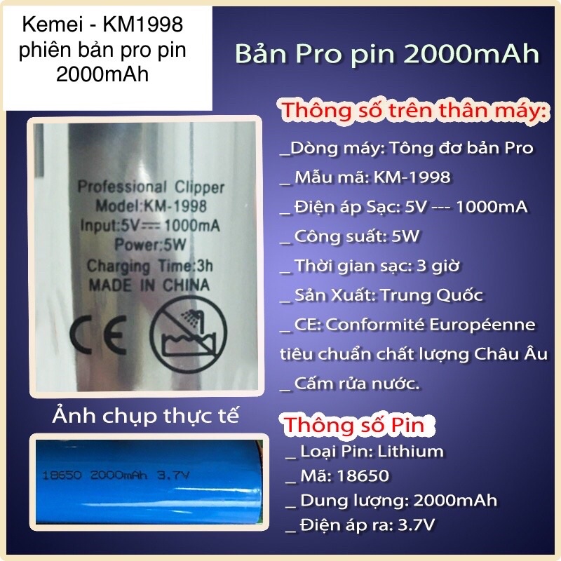 (Video thật) Tông đơ cắt tóc chuyên nghiệp Kemei KM-1998 phiên bản pro Pin 2000mAh, máy siêu nhẹ siêu mạnh siêu êm