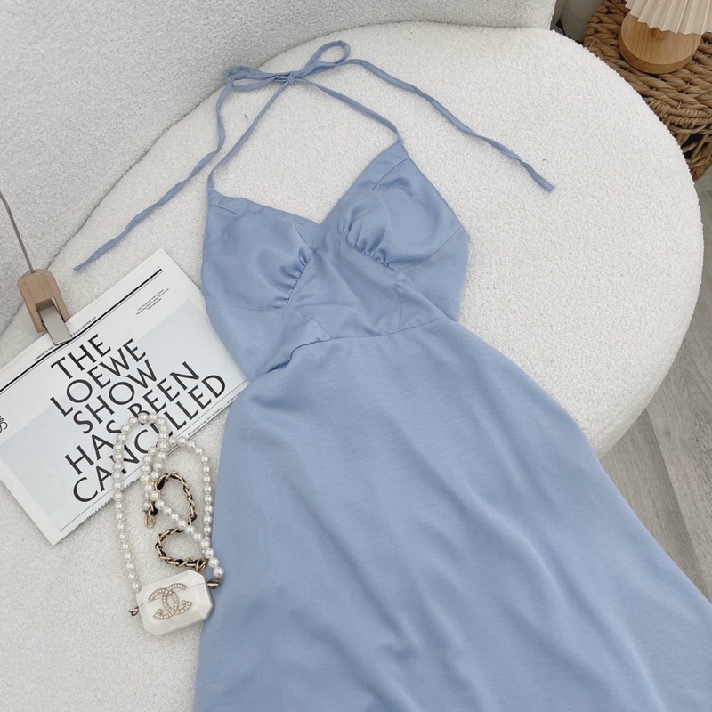 ĐẦM MIDI XANH CỔ V DÂY YẾM