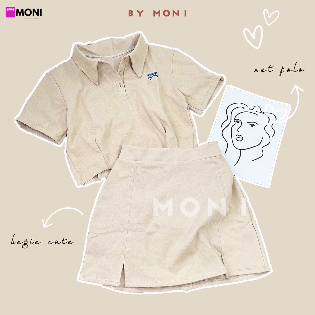 Set áo thun polo croptop tay ngắn chân váy thun chữ A thêu logo màu begie