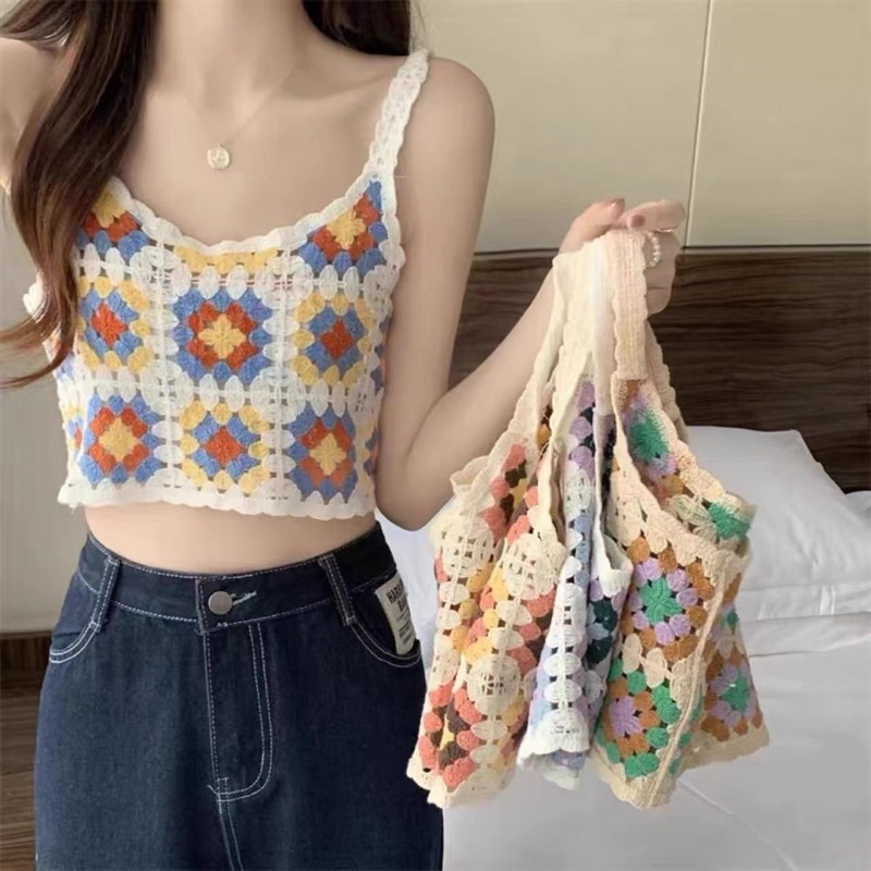 Áo Len Đan Móc 2 Dây Hoạ Tiết Hoa Vintage (hàng Quảng Châu loại 1) Áo kiểu len đan mùa hè