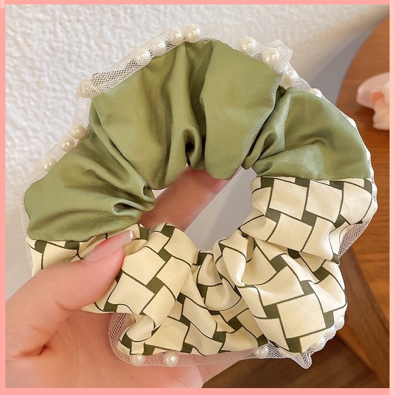 Dây Buộc Tóc Hình Nơ Đính Ngọc Trai Màu Matcha Phong Cách Pháp Thời Trang Xuân Hè