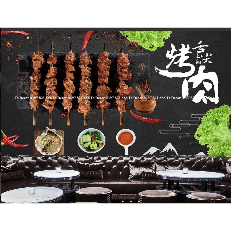 Tranh dán tường trang trí nhà hàng quán ăn lẩu nướng 3D