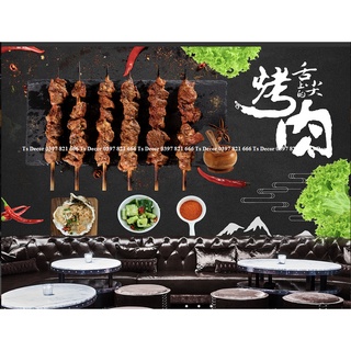 Tranh dán tường trang trí nhà hàng quán ăn lẩu nướng 3D